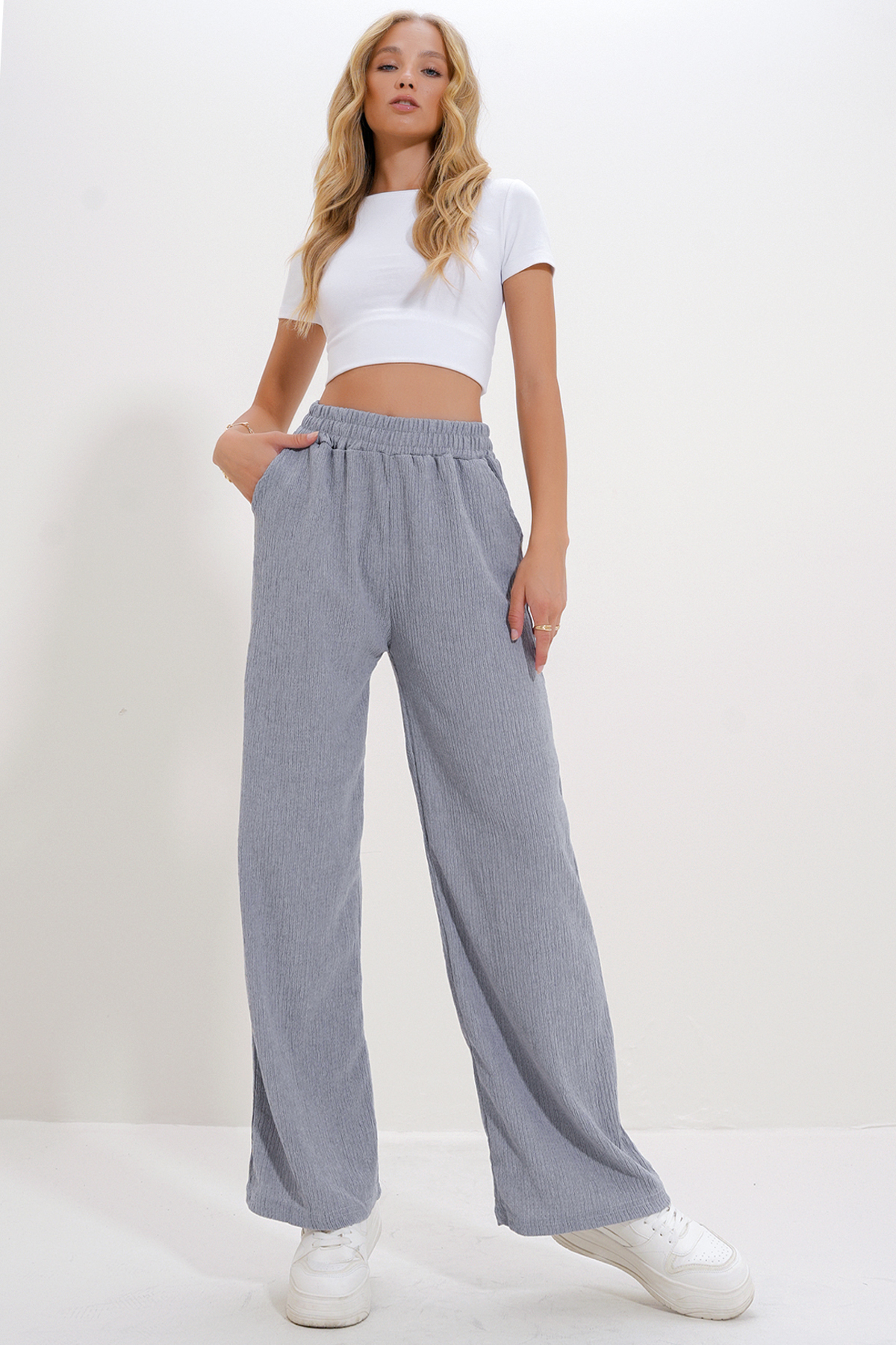 Yüksek Bel Lastikli Wide Leg Pantolon - GRİ