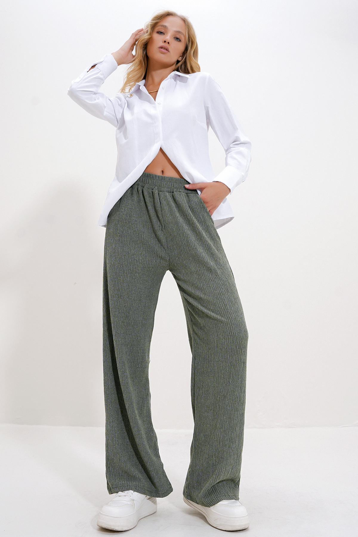 Yüksek Bel Lastikli Wide Leg Pantolon - Haki