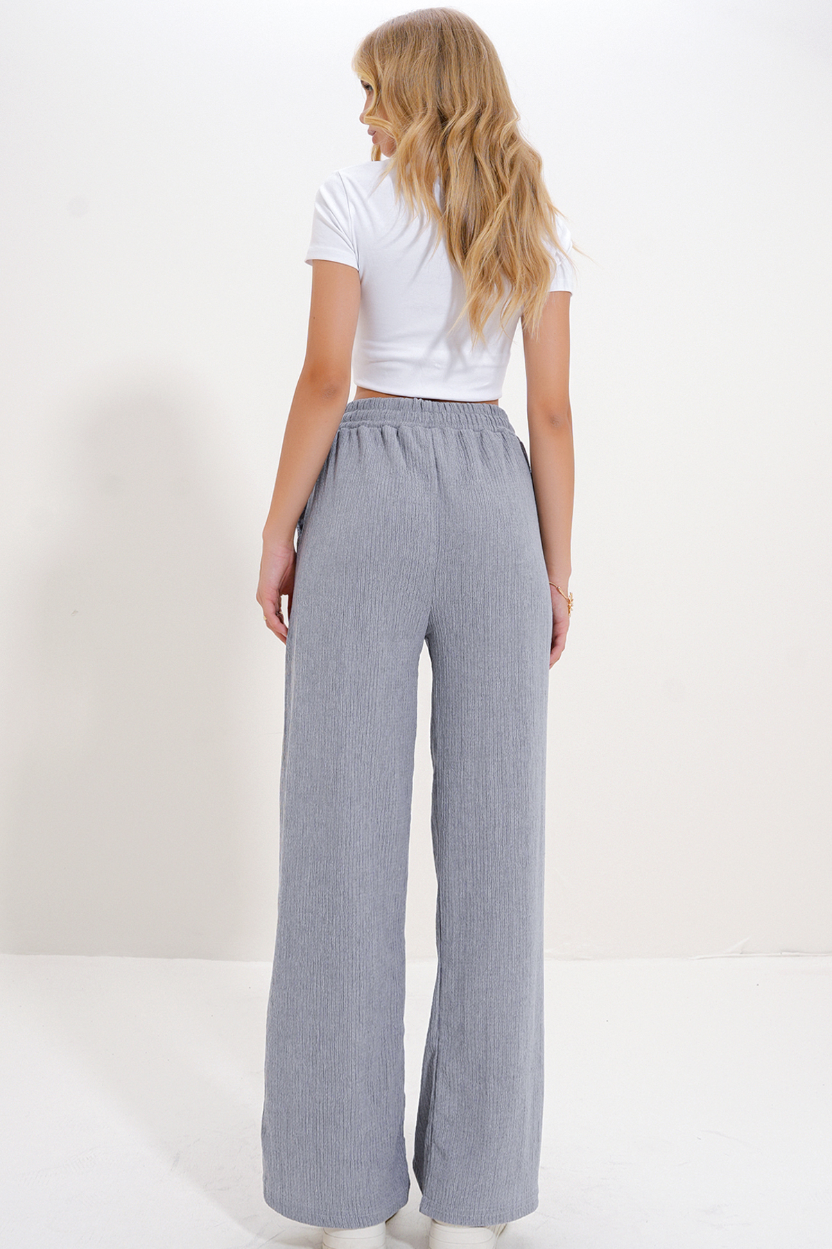Yüksek Bel Lastikli Wide Leg Pantolon - GRİ