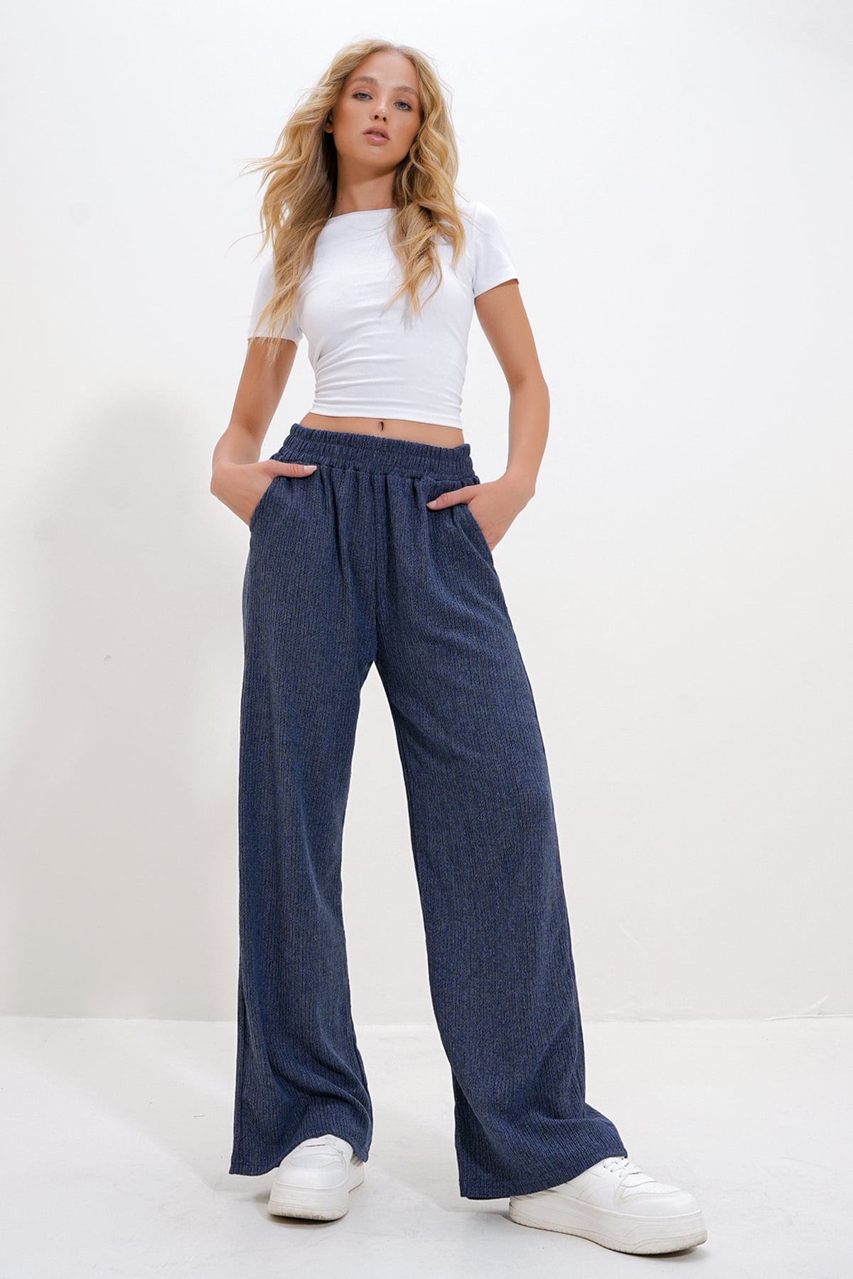 Yüksek Bel Lastikli Wide Leg Pantolon - İndigo