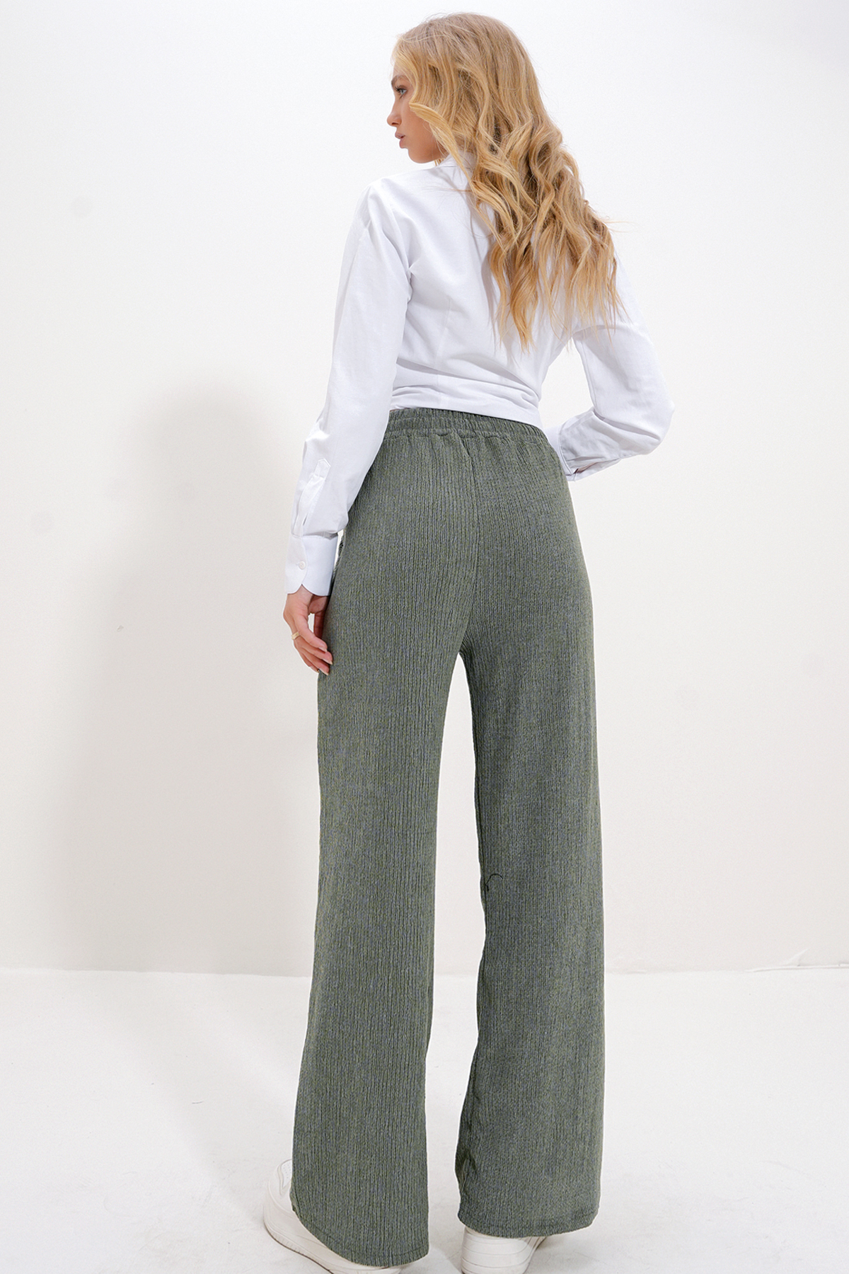 Yüksek Bel Lastikli Wide Leg Pantolon - Haki