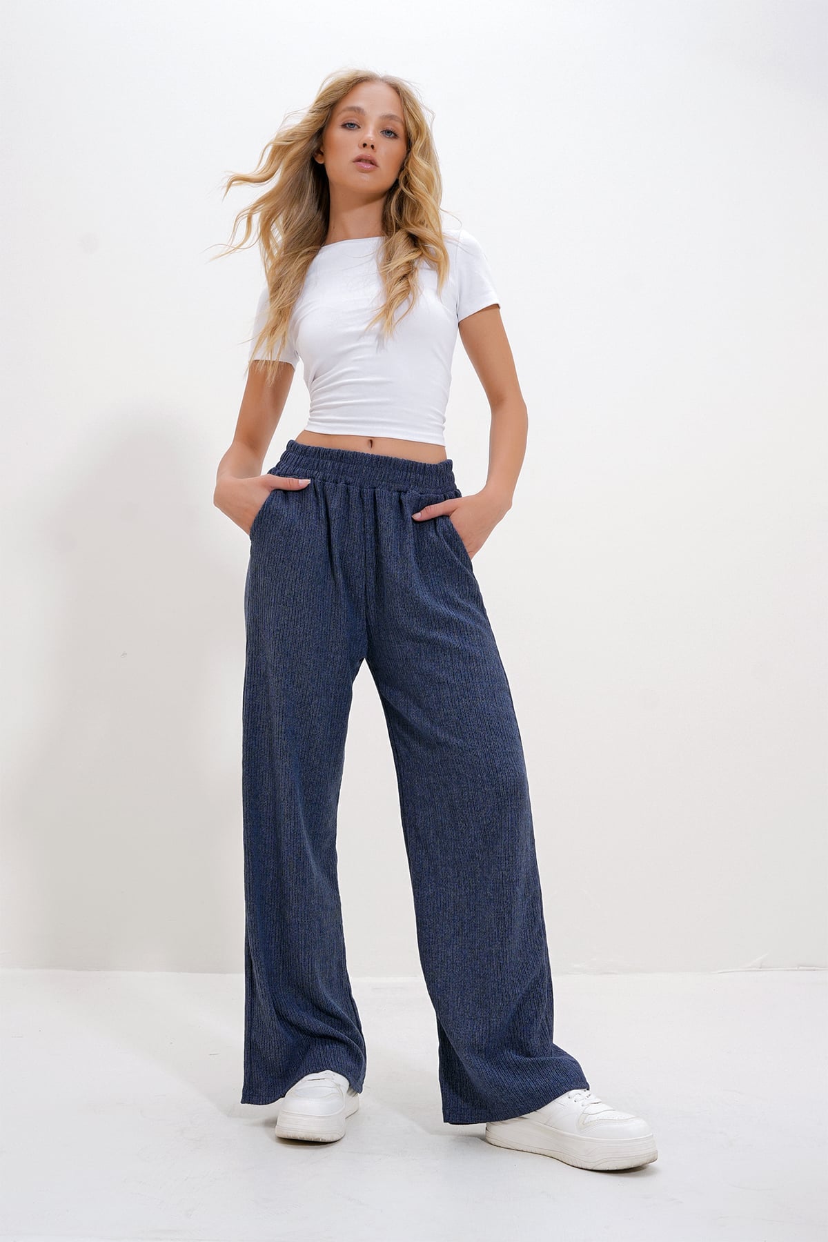Yüksek Bel Lastikli Wide Leg Pantolon - İndigo