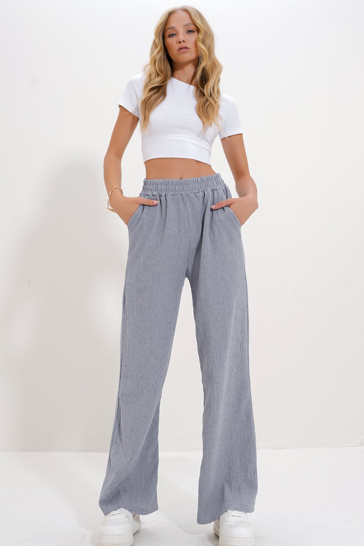 Yüksek Bel Lastikli Wide Leg Pantolon - GRİ