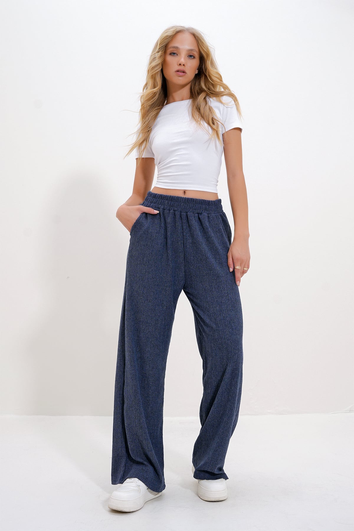 Yüksek Bel Lastikli Wide Leg Pantolon - İndigo