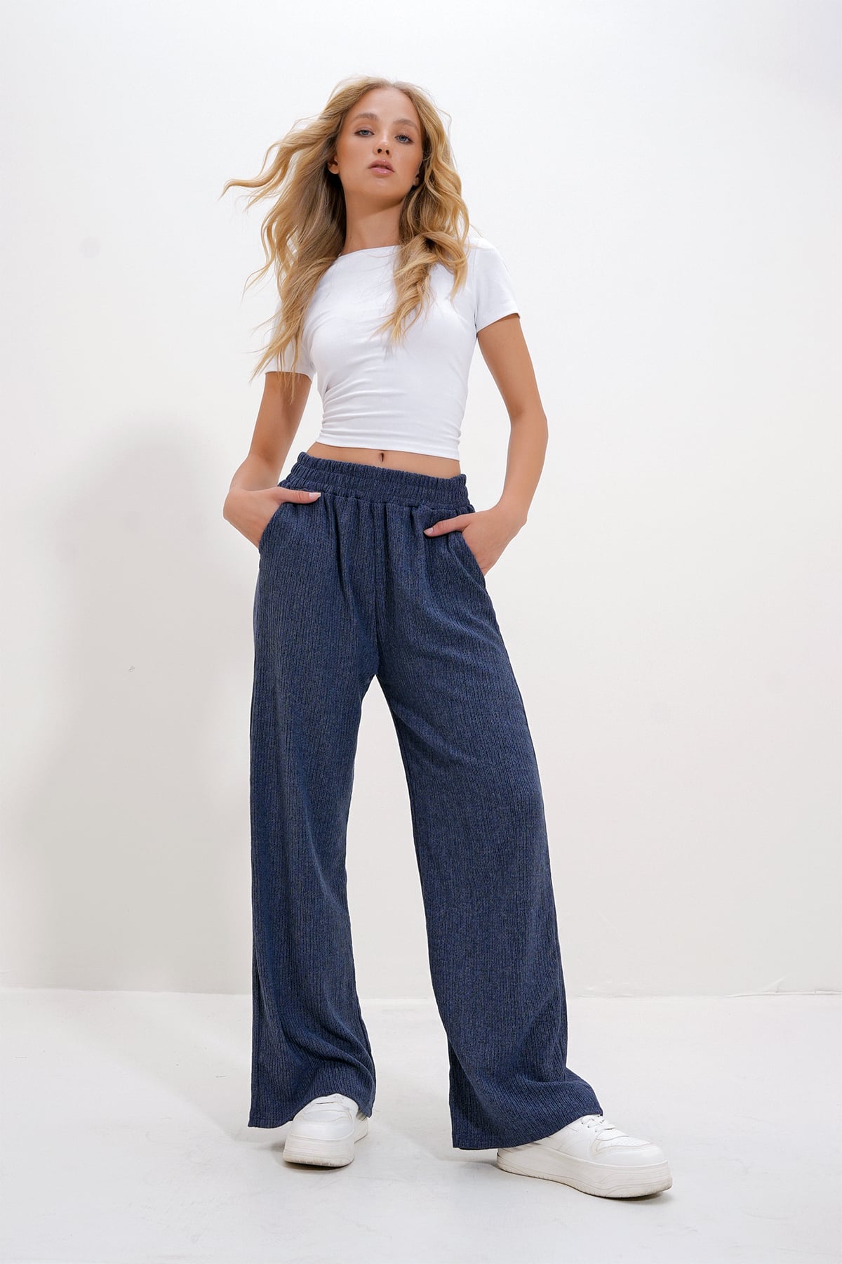 Yüksek Bel Lastikli Wide Leg Pantolon - İndigo