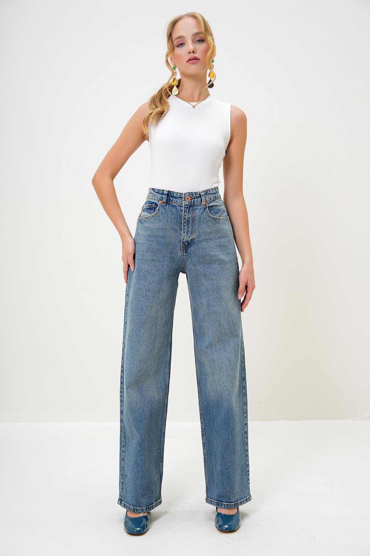 YÜKSEK BEL PALAZZO KESİM JEAN PANTOLON - Mavi