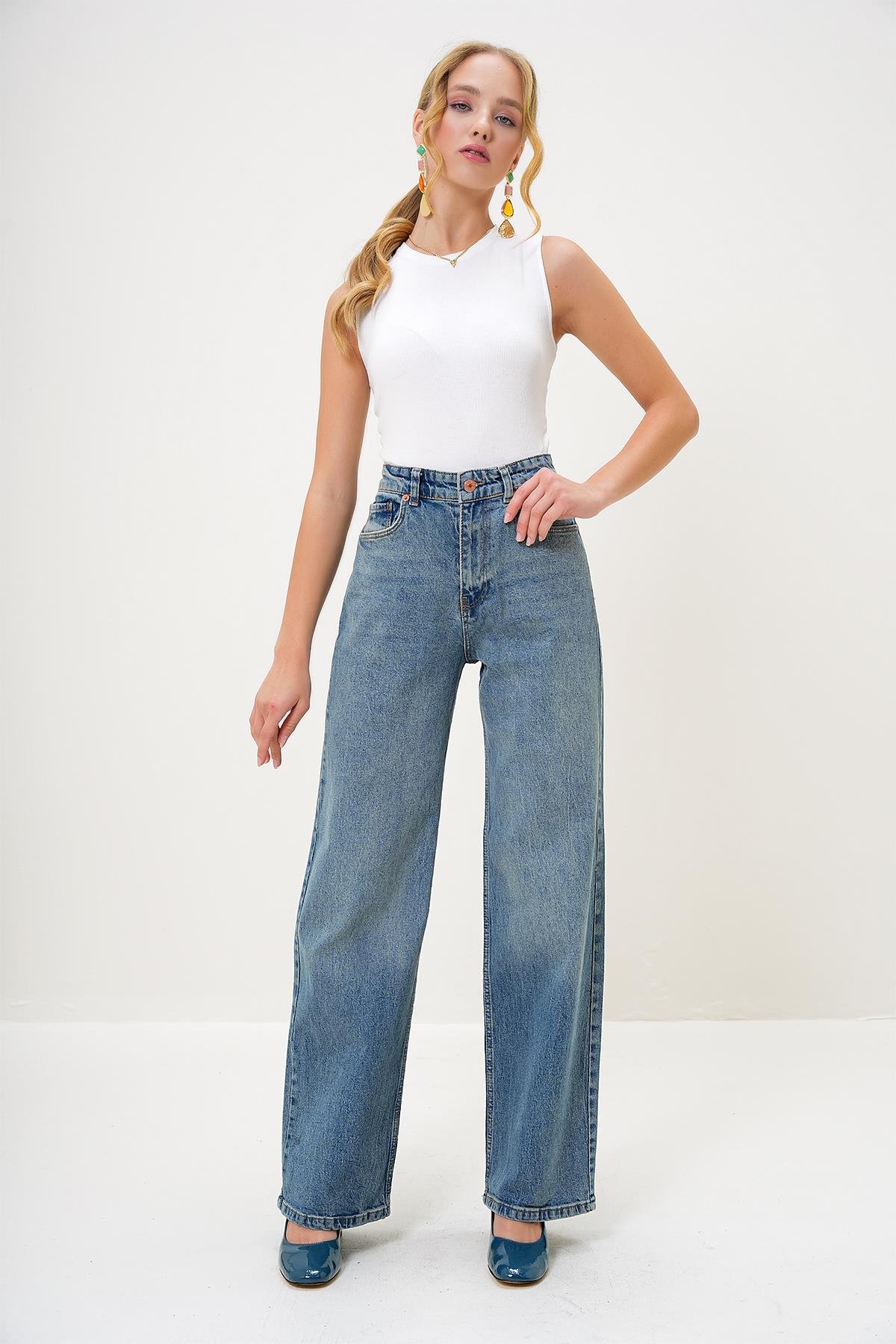 YÜKSEK BEL PALAZZO KESİM JEAN PANTOLON - Mavi