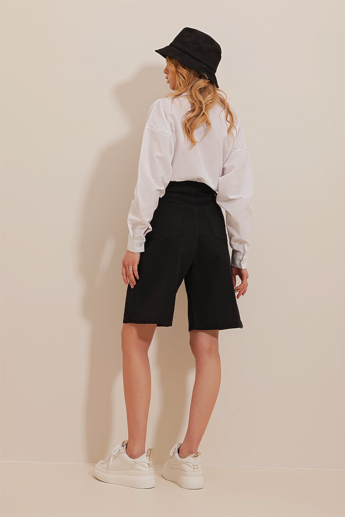 Yüksek Bel Wide Leg Bermuda Denim Şort - SİYAH