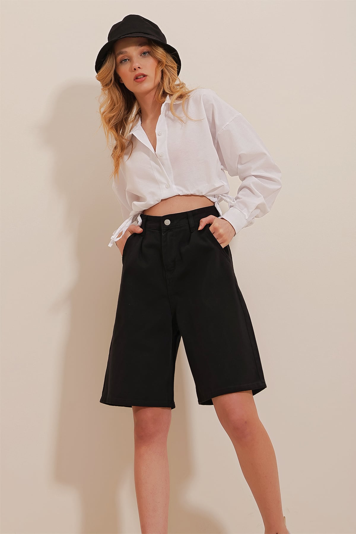Yüksek Bel Wide Leg Bermuda Denim Şort - SİYAH