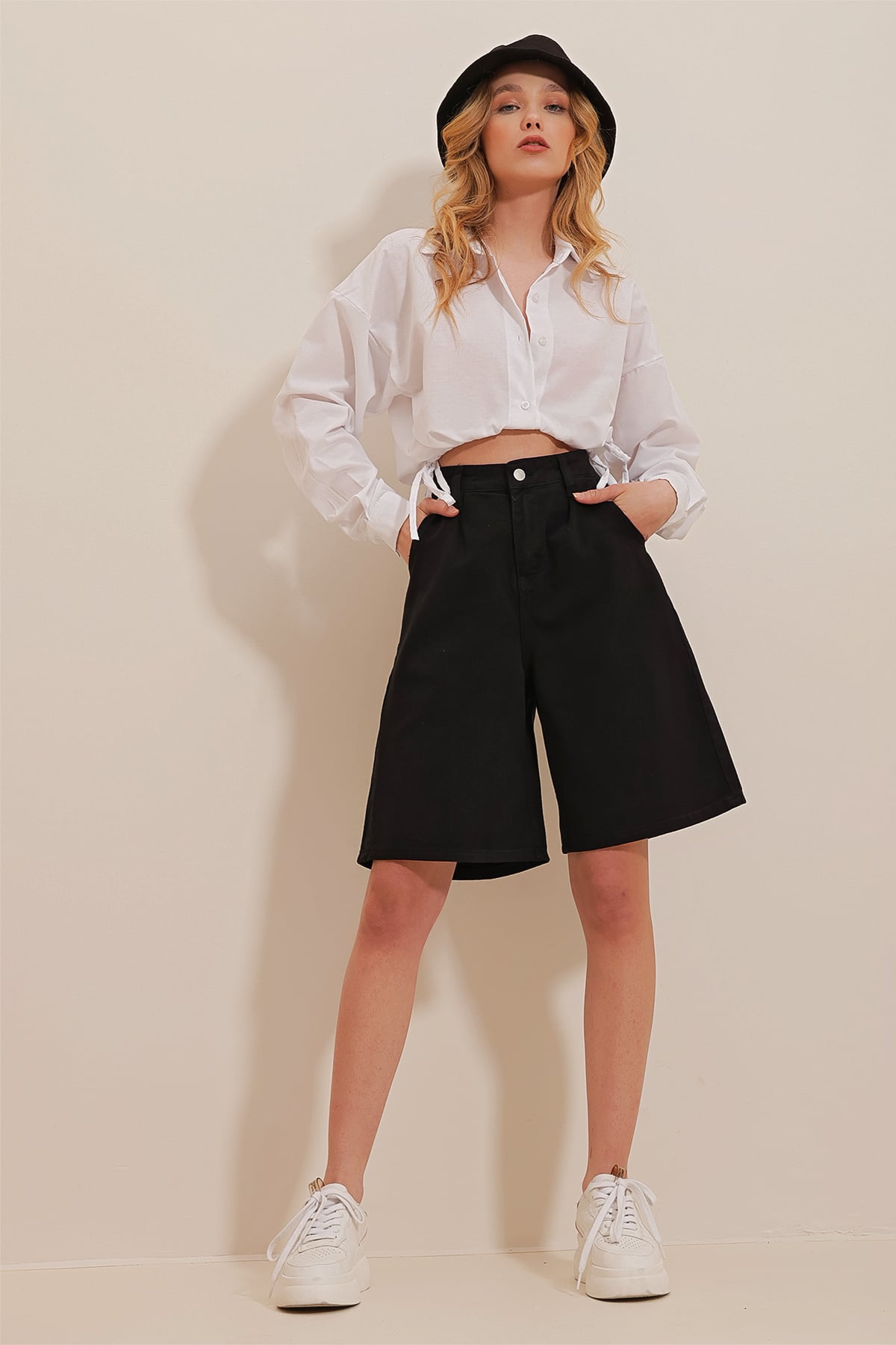 Yüksek Bel Wide Leg Bermuda Denim Şort - SİYAH