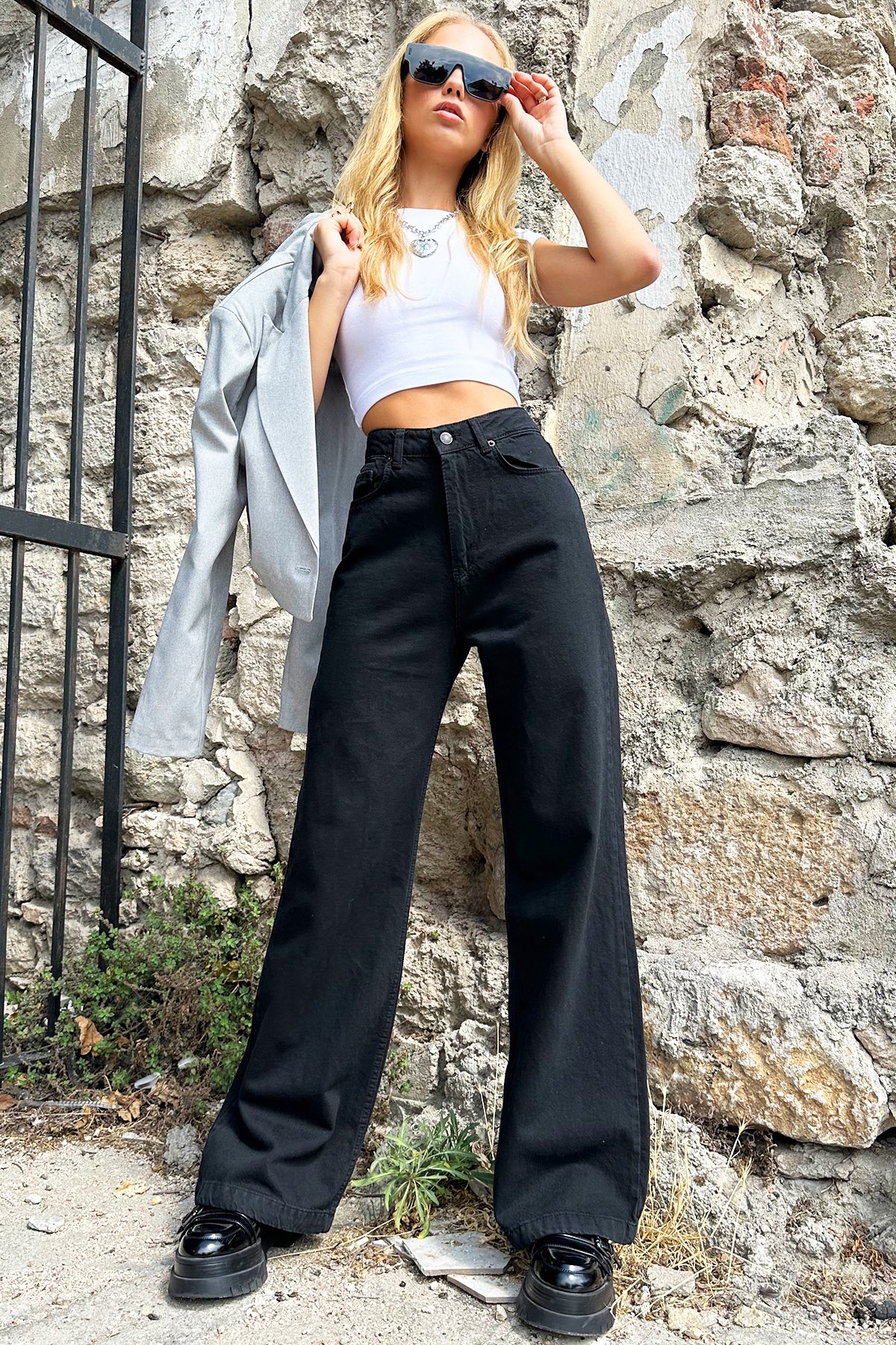 Yüksek Bel Wide Leg Jean - Siyah