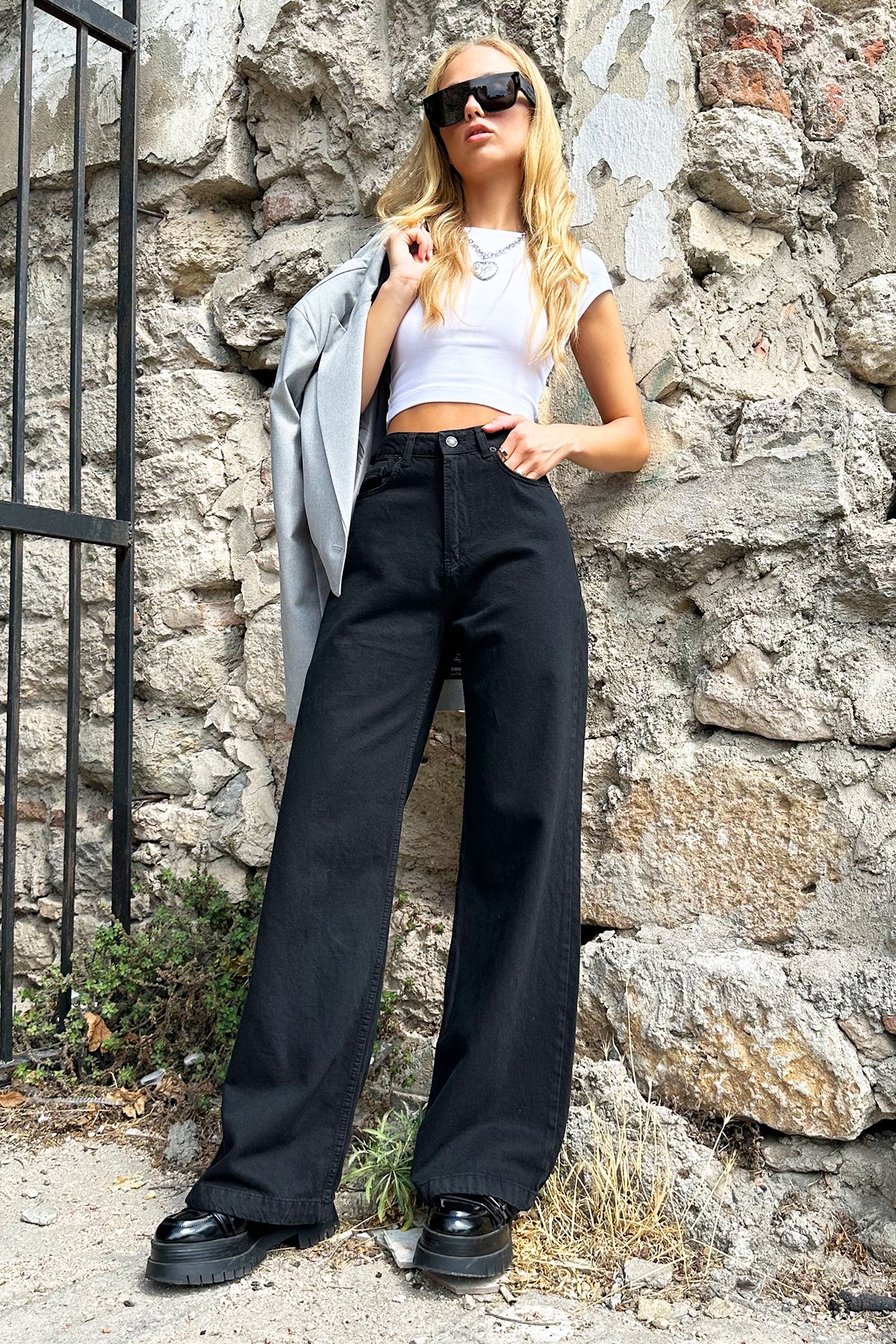 Yüksek Bel Wide Leg Jean - Siyah