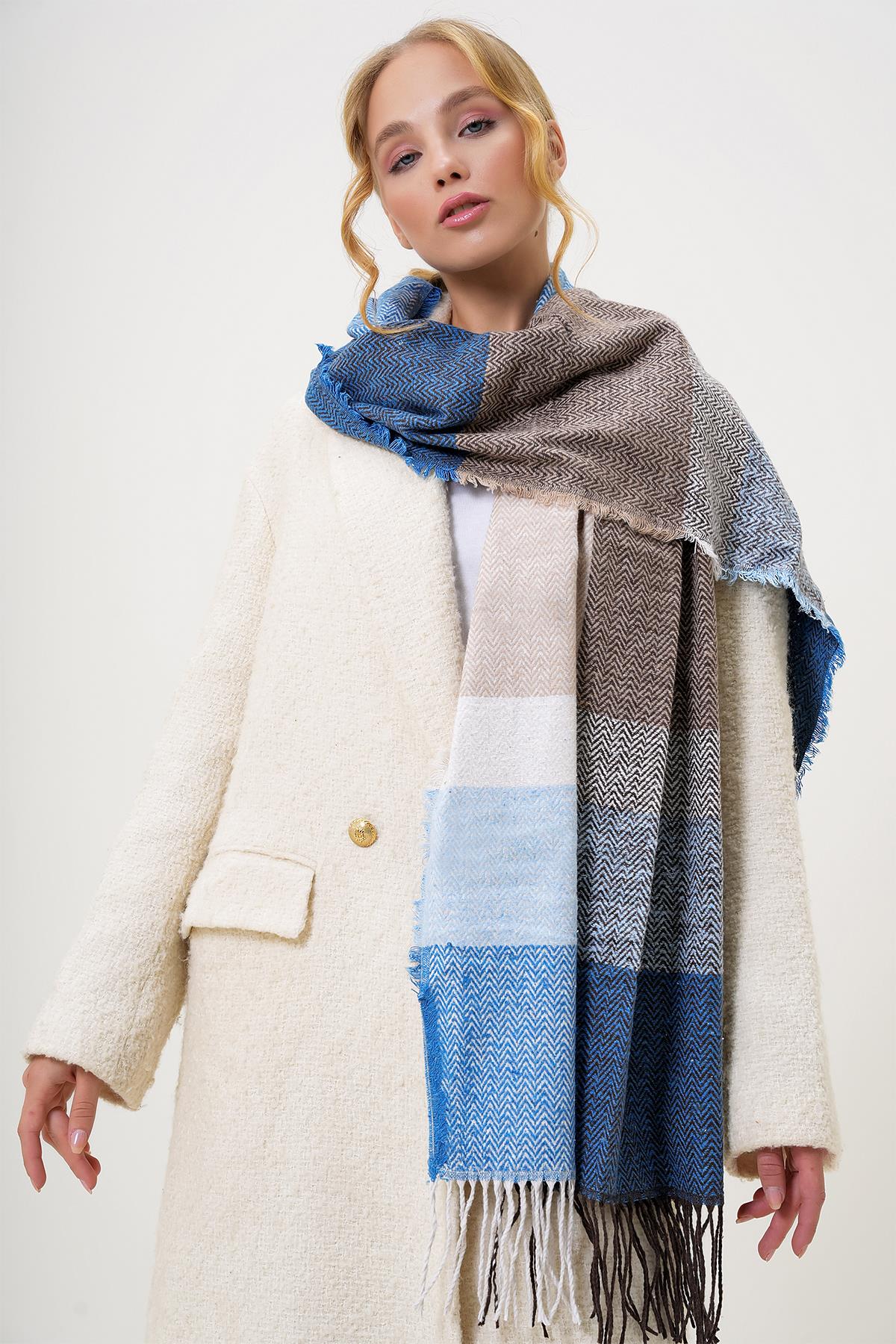 Yün Karışımlı Renk Bloklu Şal - Kahve-Mavi