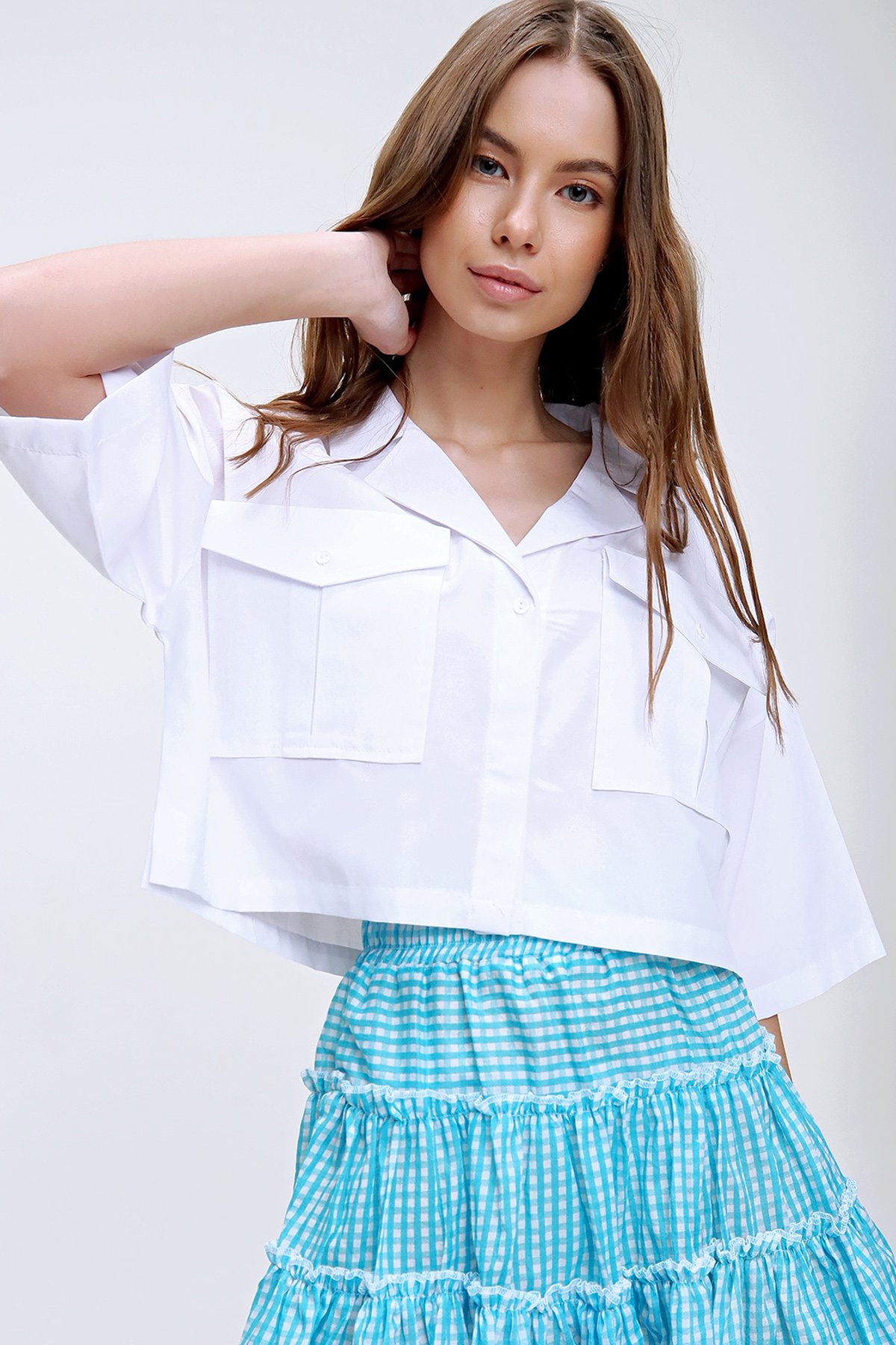 Zarf Cepli Crop Poplin Gömlek - Beyaz