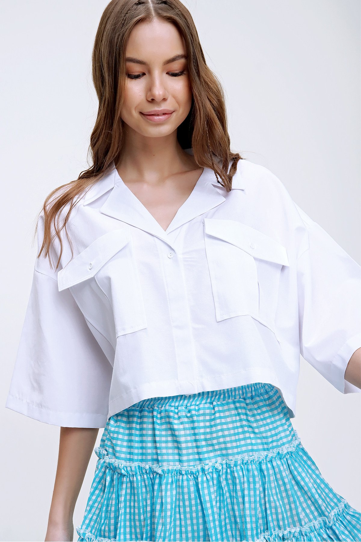 Zarf Cepli Crop Poplin Gömlek - Beyaz