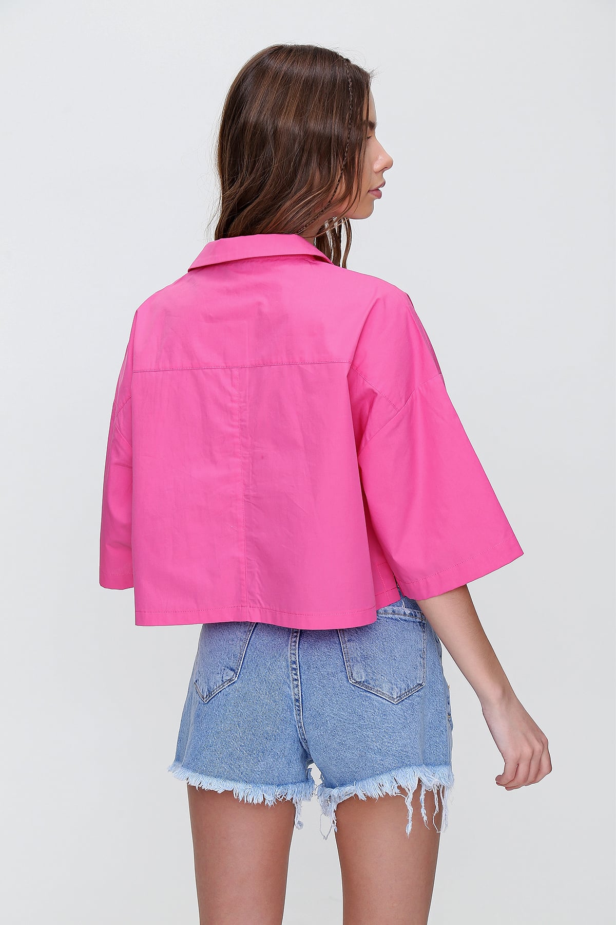 Zarf Cepli Crop Poplin Gömlek - Fuşya