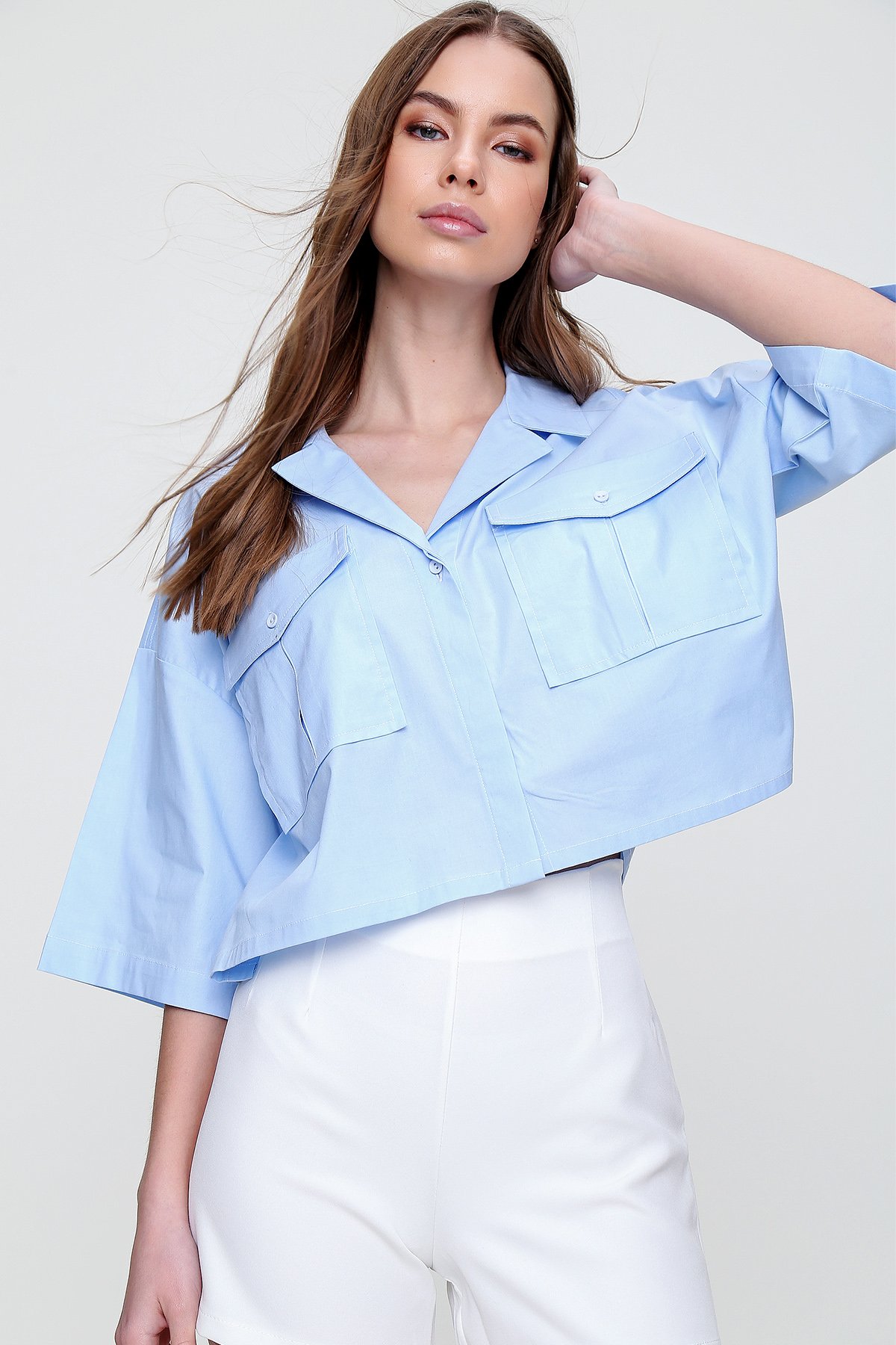 Zarf Cepli Crop Poplin Gömlek - Mavi
