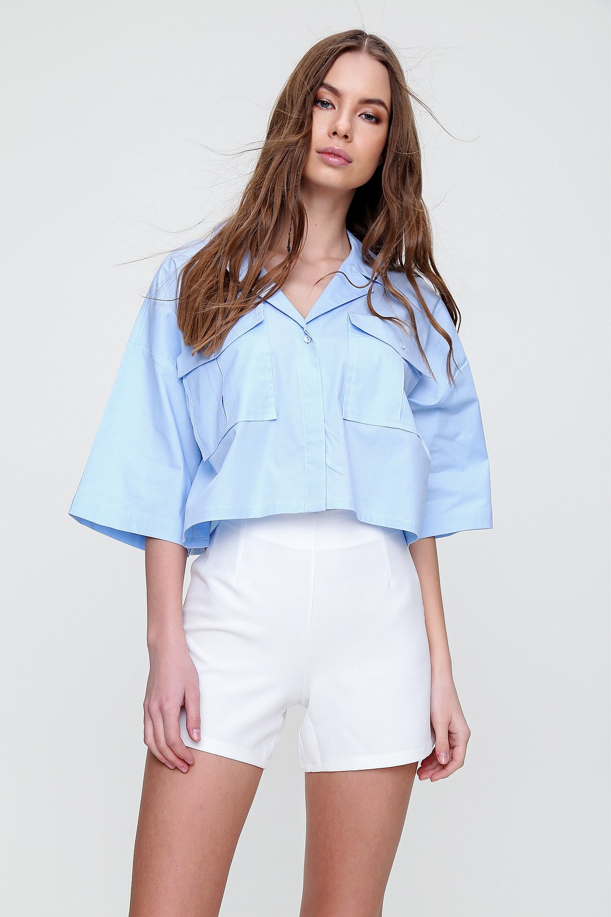 Zarf Cepli Crop Poplin Gömlek - Mavi