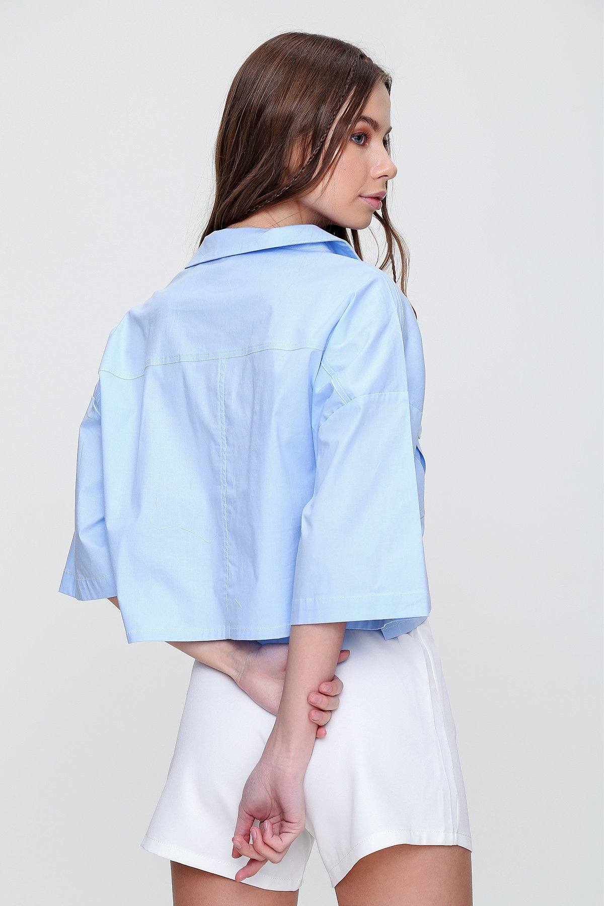Zarf Cepli Crop Poplin Gömlek - Mavi