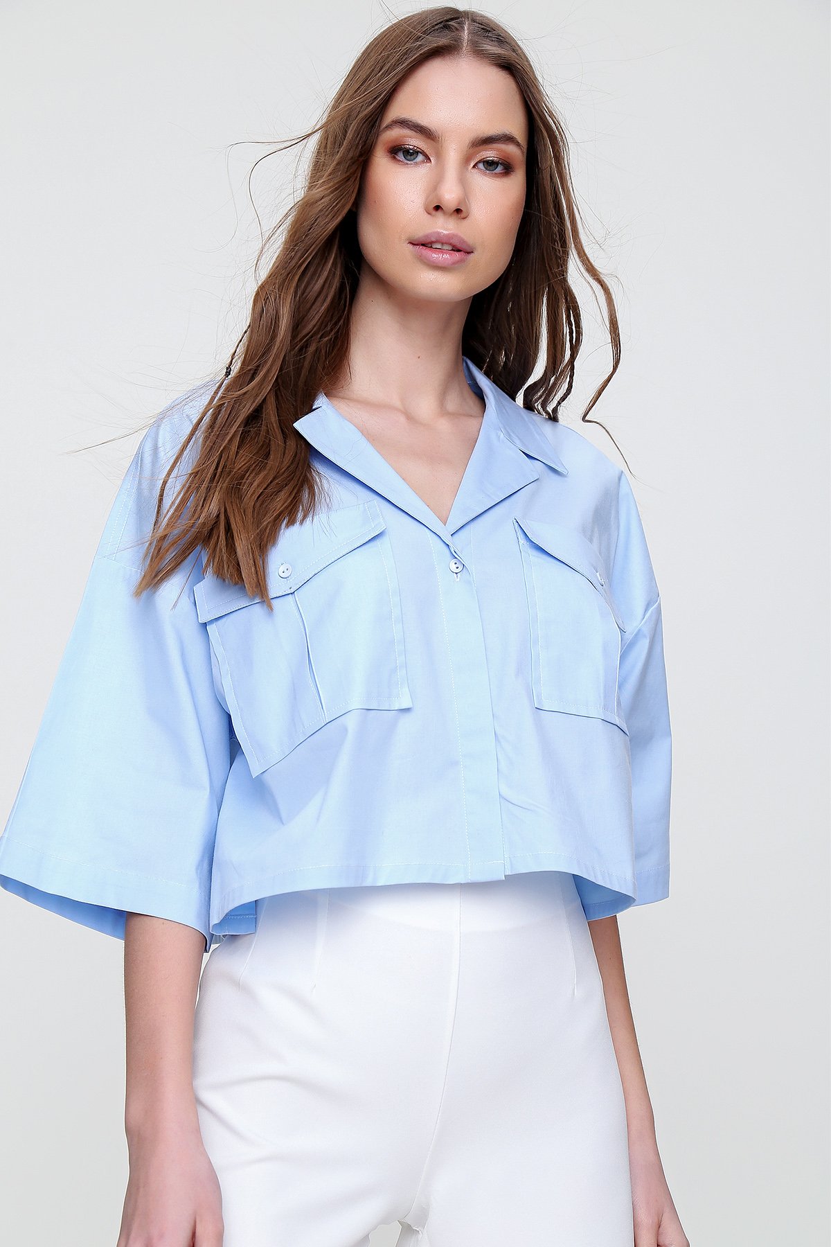 Zarf Cepli Crop Poplin Gömlek - Mavi
