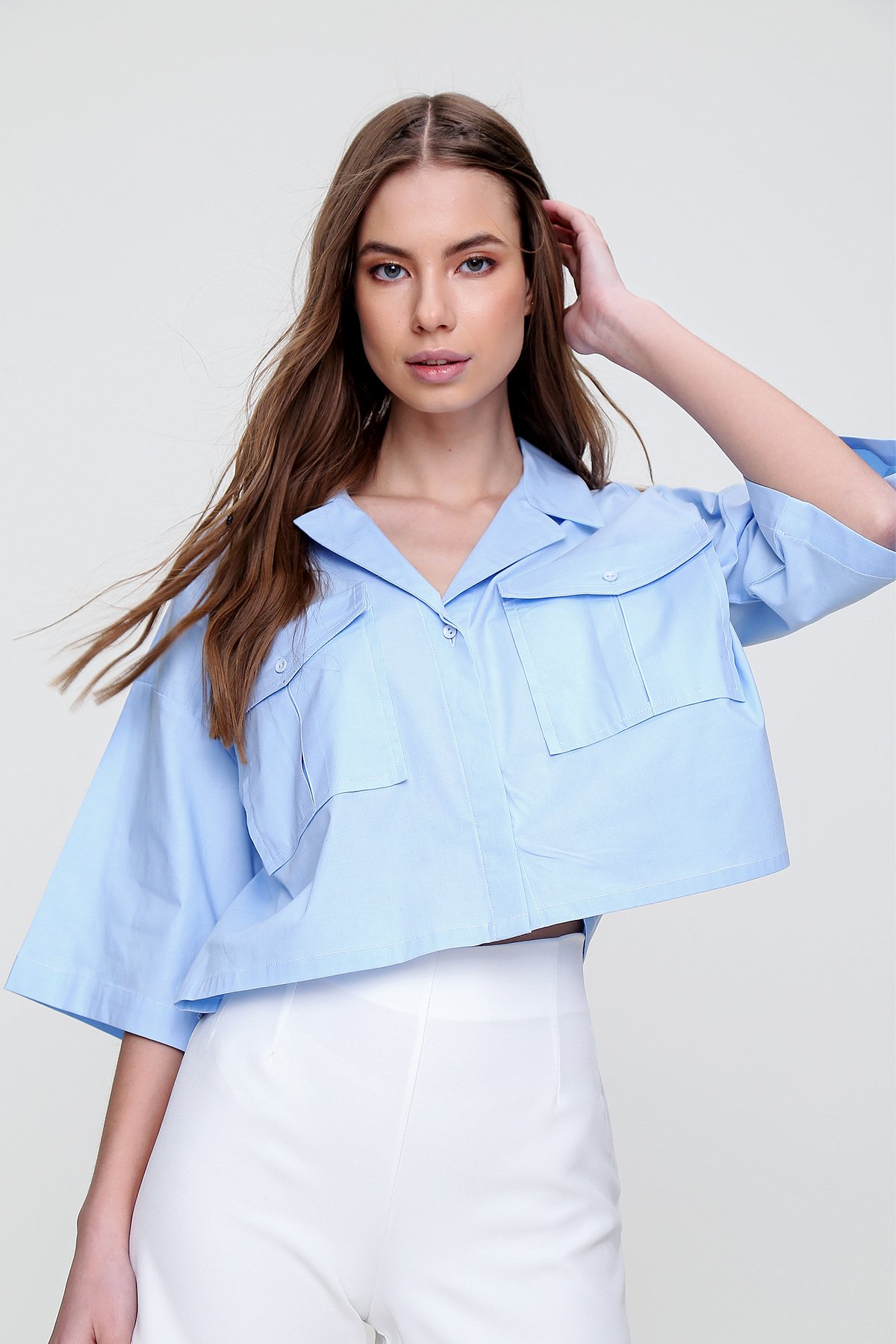 Zarf Cepli Crop Poplin Gömlek - Mavi