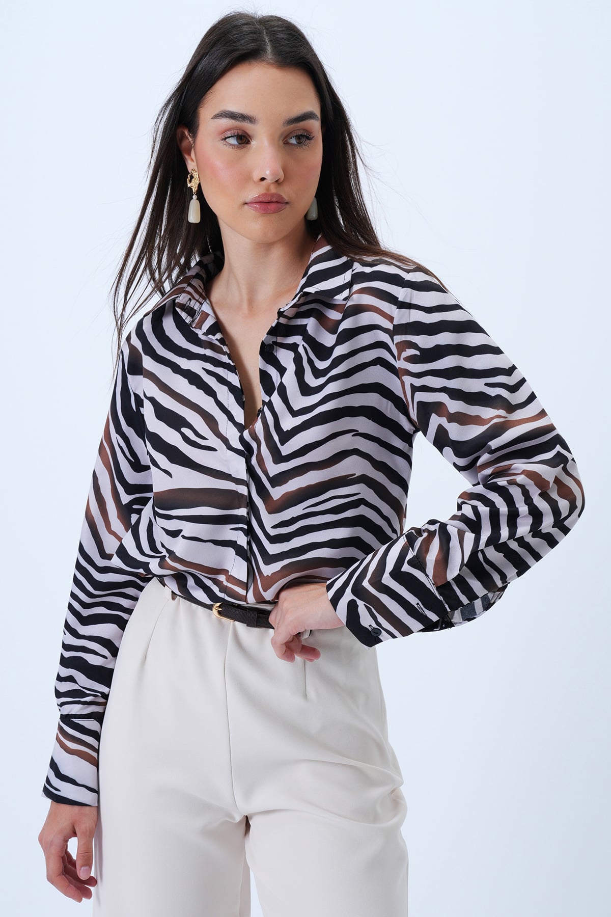 Zebra Desenli Oversize Gömlek - SİYAH-BEYAZ