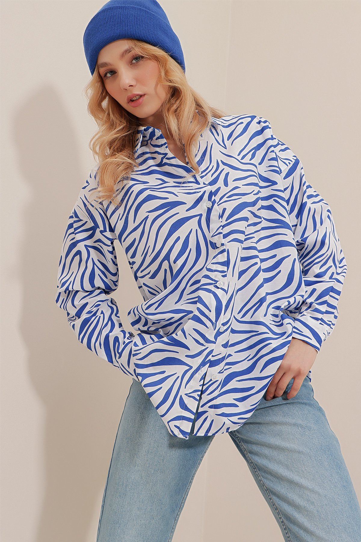 Zebra Desenli Poplin Dokuma Uzun Gömlek - Saks