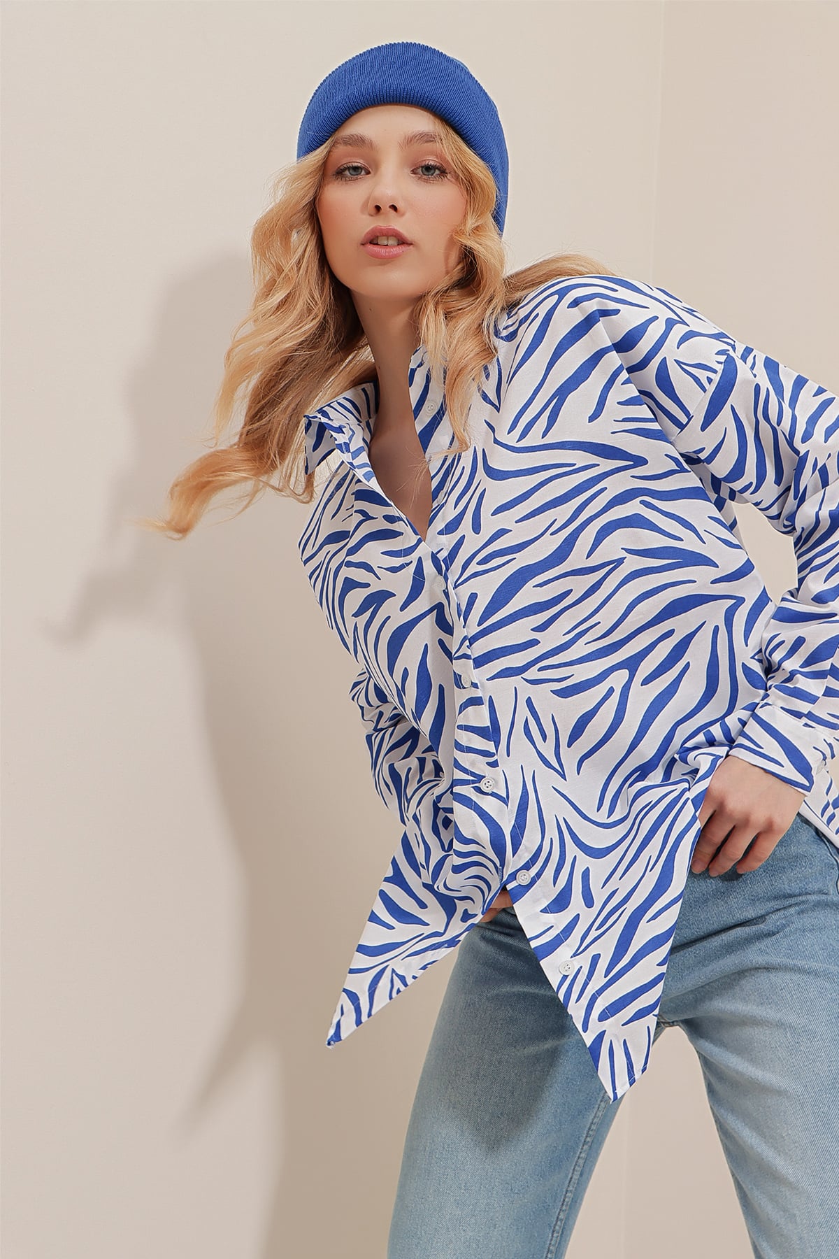Zebra Desenli Poplin Dokuma Uzun Gömlek - Saks