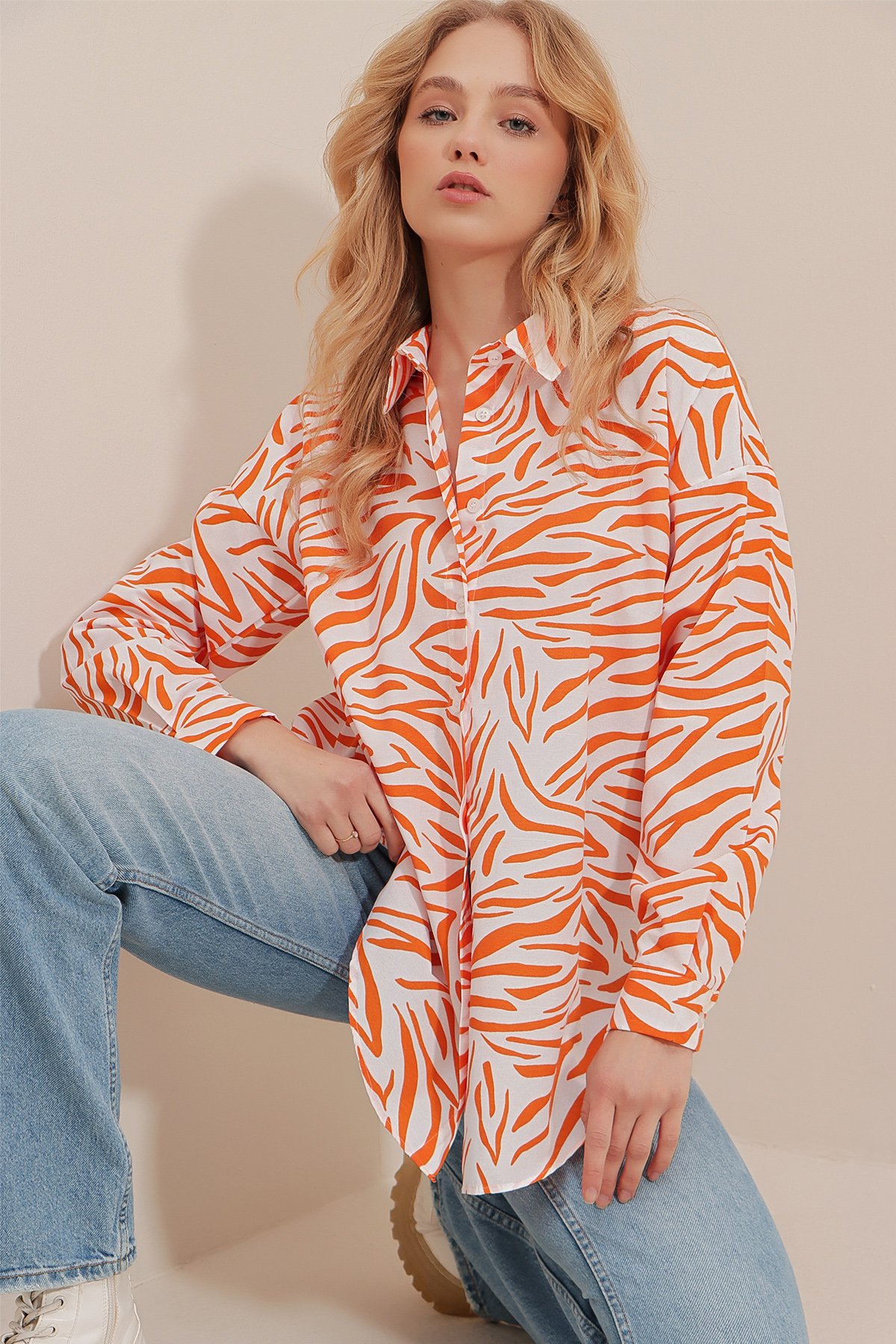 Zebra Desenli Poplin Dokuma Uzun Gömlek - Turuncu
