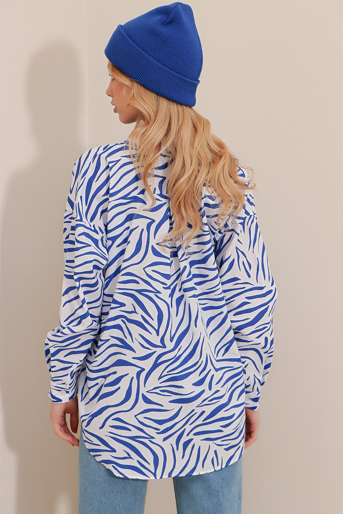 Zebra Desenli Poplin Dokuma Uzun Gömlek - Saks