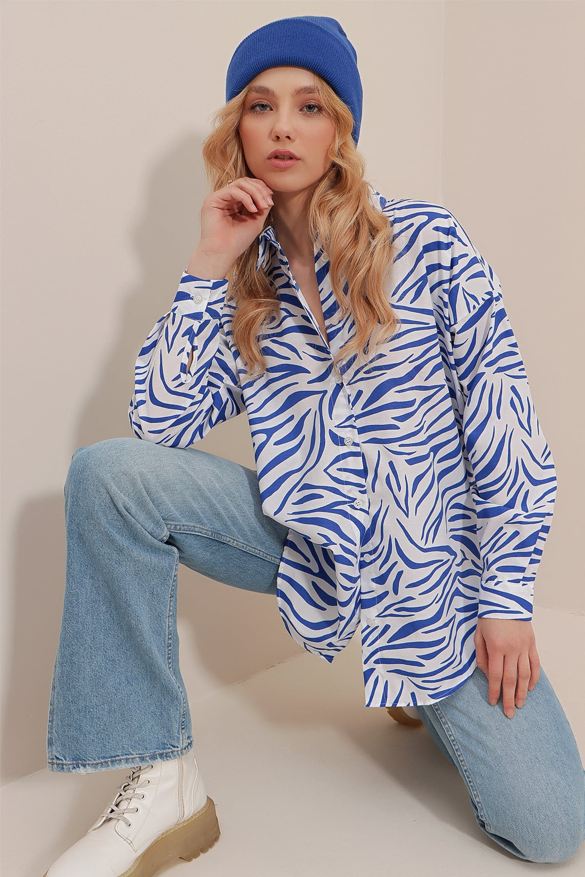 Zebra Desenli Poplin Dokuma Uzun Gömlek - Saks