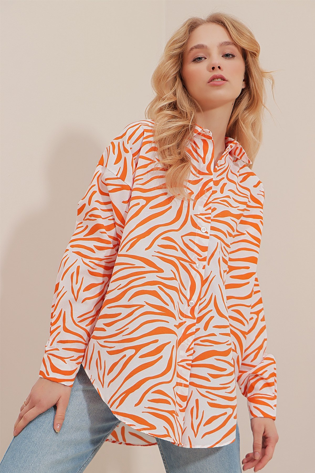 Zebra Desenli Poplin Dokuma Uzun Gömlek - Turuncu
