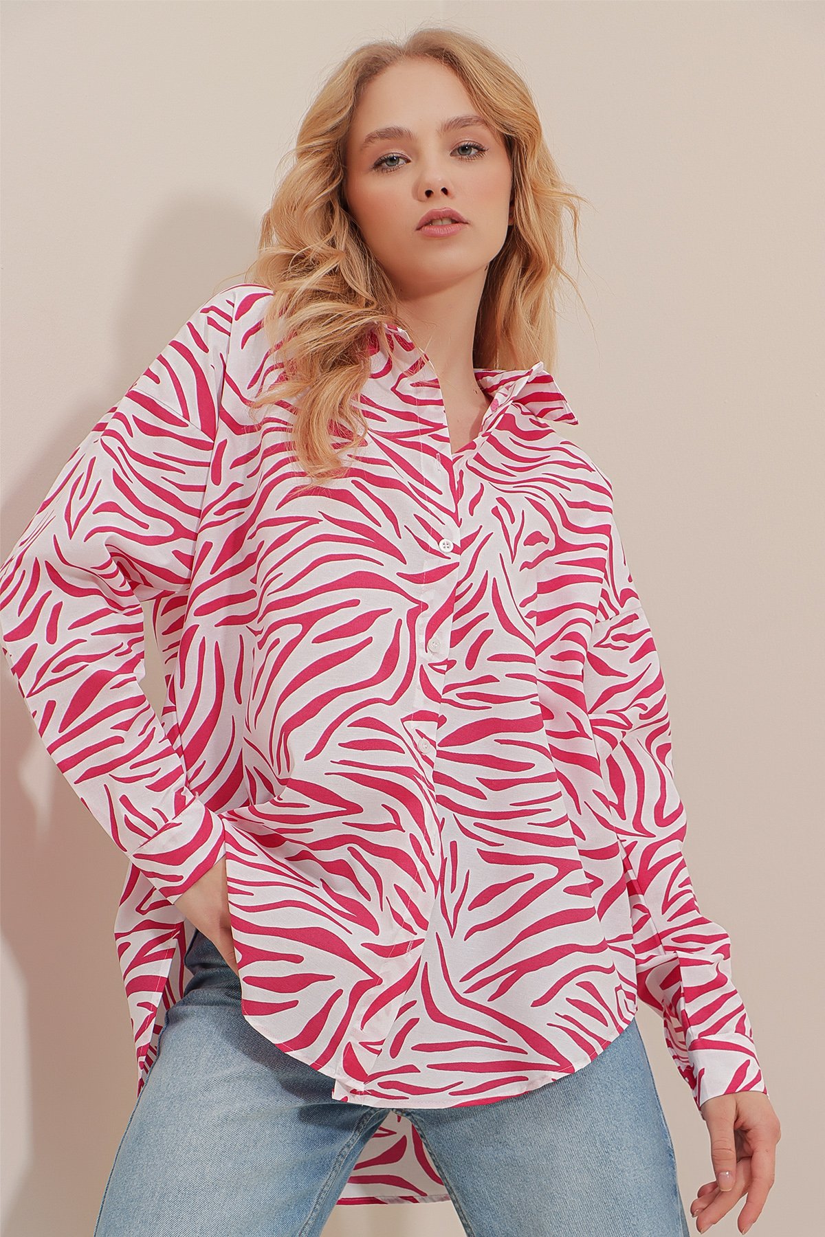 Zebra Desenli Poplin Dokuma Uzun Gömlek - Fuşya