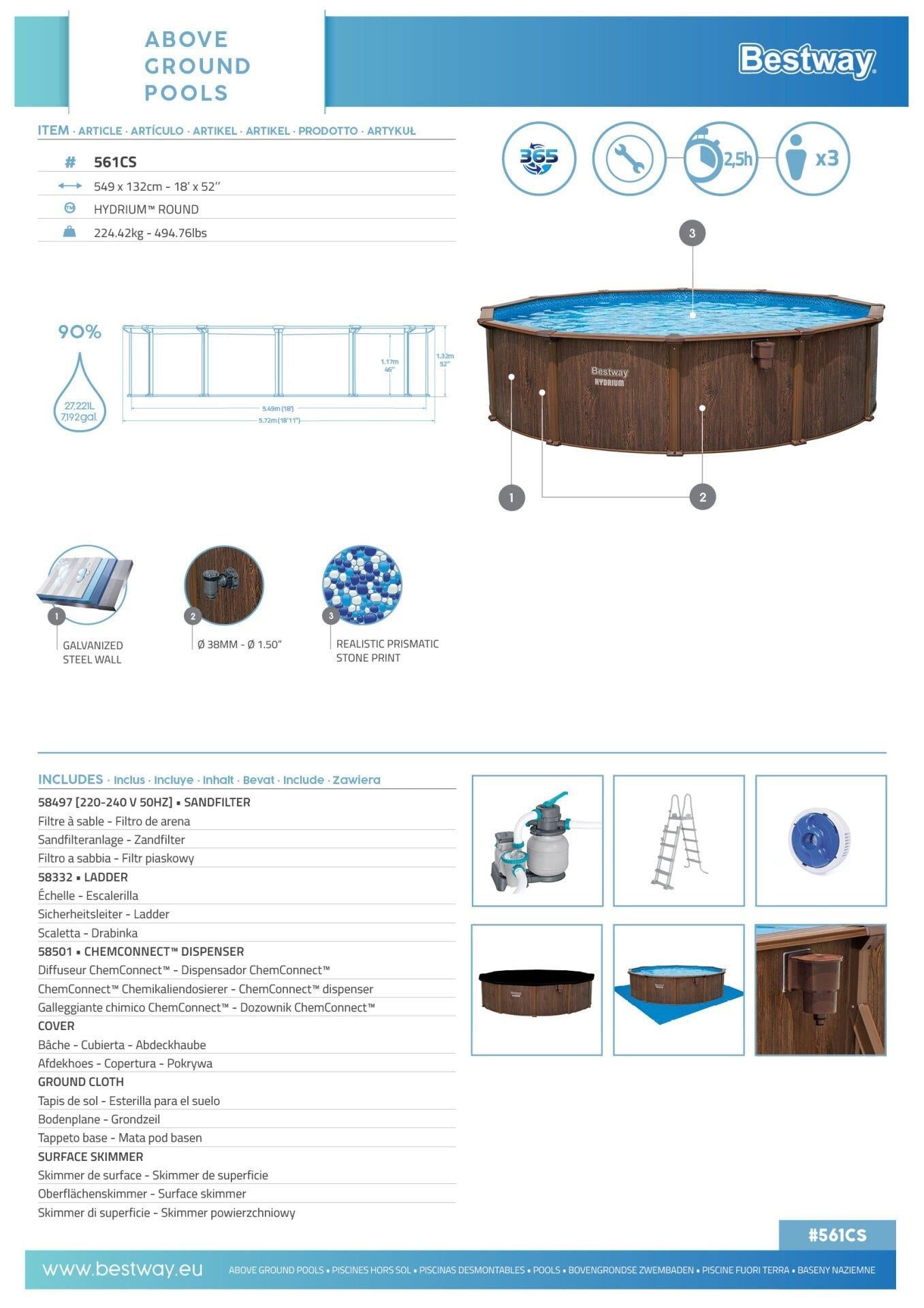 Bestway® 561CS Hydrium™ Çelik Duvarlı Yerüstü Havuz Seti 5,49 m x 1,32 m