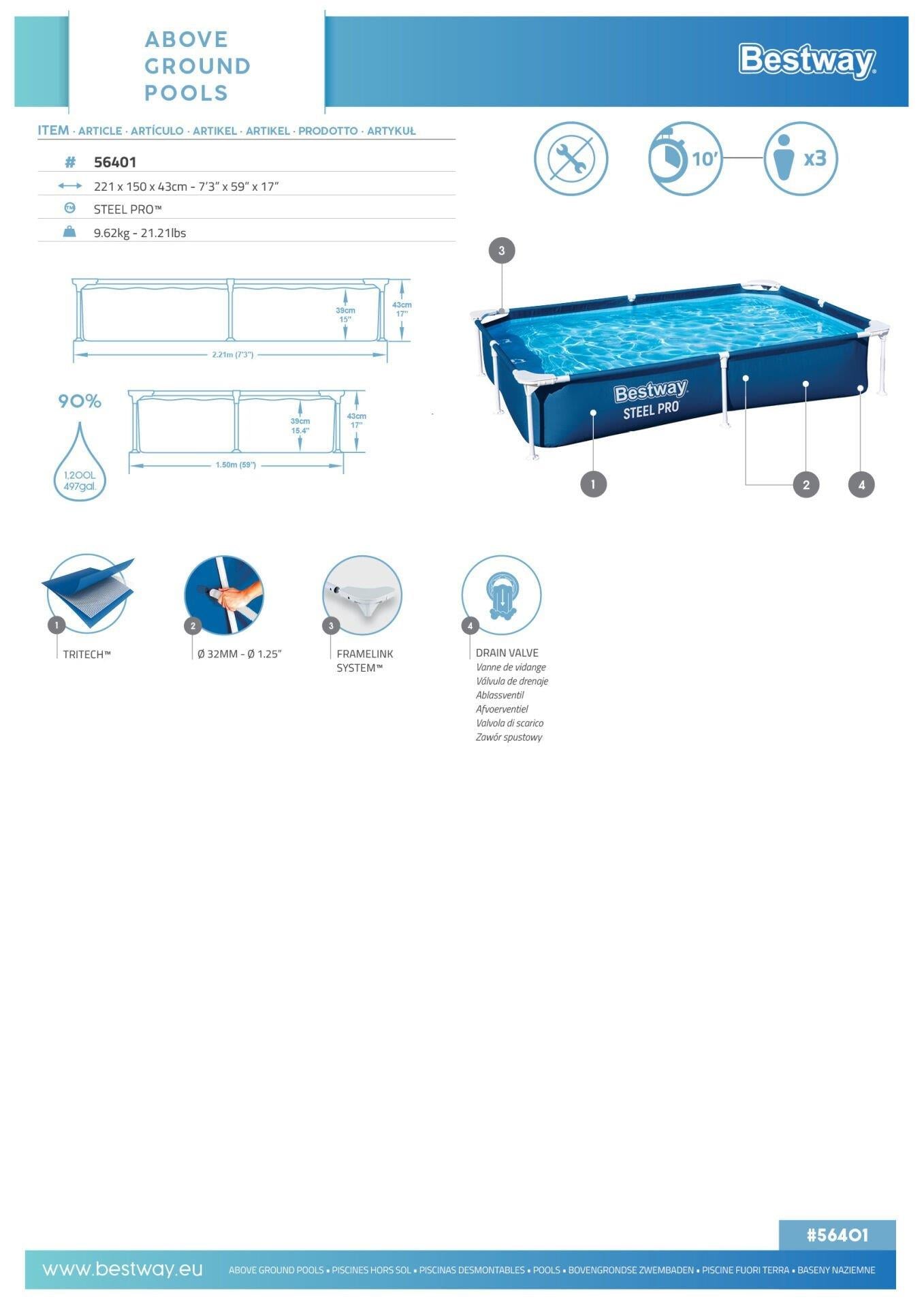 Bestway® 56401 Steel Pro™ Yer Üstü Prefabrik Dikdörtgen Havuz 2,21 m x 1,50 m x 43 cm
