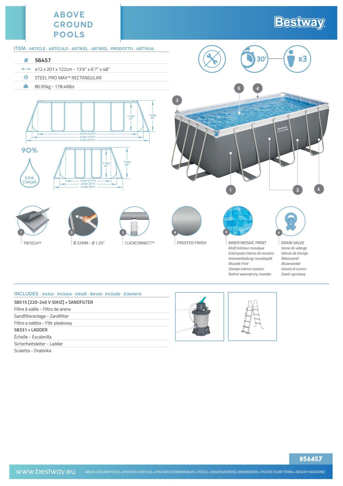 Bestway® 56457 Steel Pro MAX™ Above Ground Pool Set 4.12 m x 2.01 m x 1.22 m