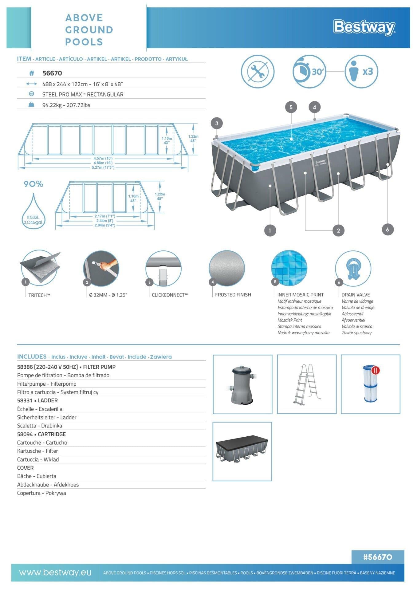 Bestway® 56670 Steel Pro MAX™ Prefabrik Yer Üstü Havuz Seti 4,88 m x 2,44 m x 1,22 m