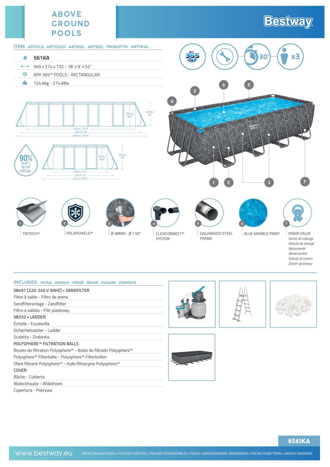 Bestway® APX 365™ 561KA Dikdörtgen Prefabrik Havuz Seti 5,49 m x 2,74 m x 1,32 m