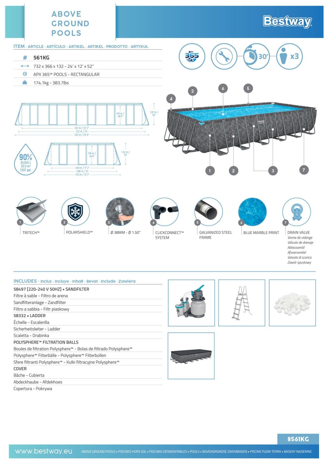 Bestway® APX 365™ 561KG  Dikdörtgen Prefabrik Havuz Seti 7,32 m x 3,66 m x 1,32 m