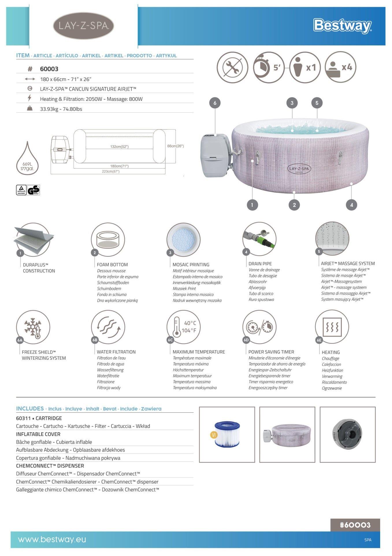 Lay-Z-Spa® 60003 Cancun Signature AirJet™ Şişme Spa Havuzu, 2-4 kişilik