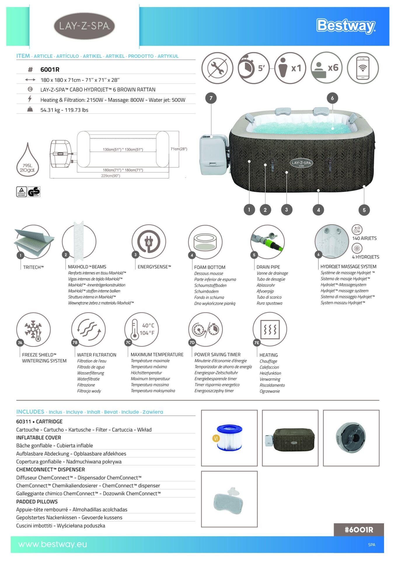 Lay-Z-Spa® Cabo Smart HydroJet™ 6001R Enerji Tasarruflu Şişme Spa Havuzu, Mobil Uygulama Kontrollü, 4-6 kişilik