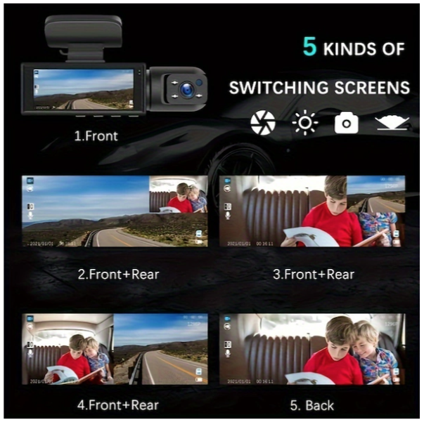 1080p Çift Kamera, Arabalar İçin Araç Kamerası, Ön Ve İç, Ir Gece Görüşlü, 8,03 Cm Ips Ekranlı Döngü Kayıt