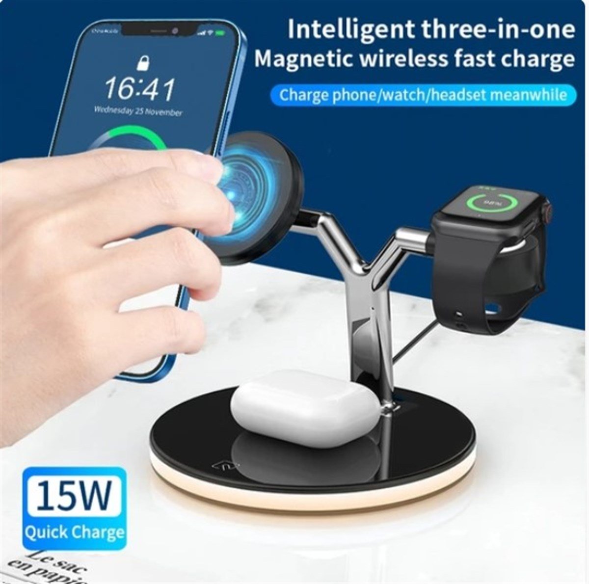 15W Masaüstü Standı Manyetik Kablosuz Şarj iPhone Uyumlu Için - Siyah