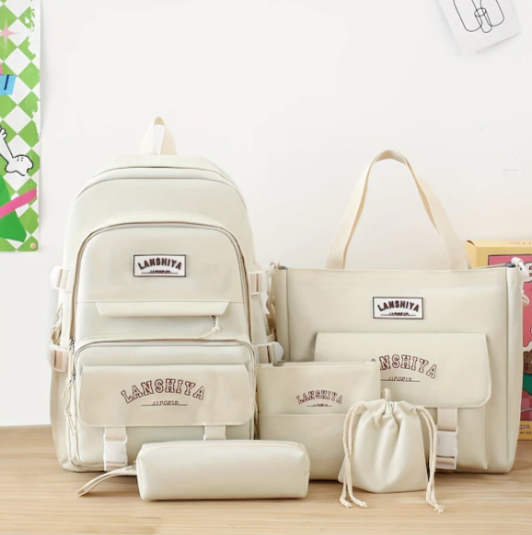 5 Parça Set Sevimli Okul Çantası, Kawaii Kolyeli Moda Sırt Çantası, Tüm Maç Çantaları