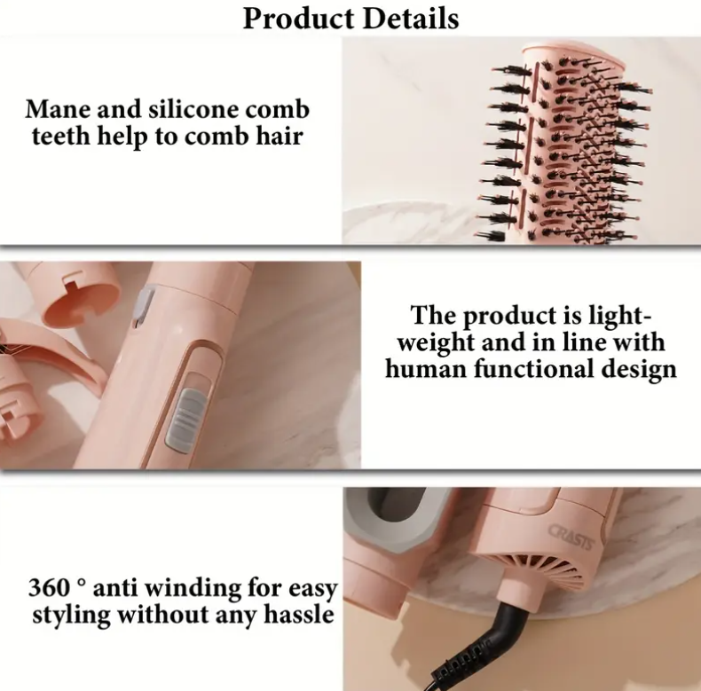 CRASTS 1200W Saç Fırçası Negatif İyonlarla, Çift Voltaj 110V/220V, Avrupa Standart Fiş, 2'si 1 Arada Düzleştirme ve Kıvırma, Anti-Winding, Tüm Saç Tipleri 
