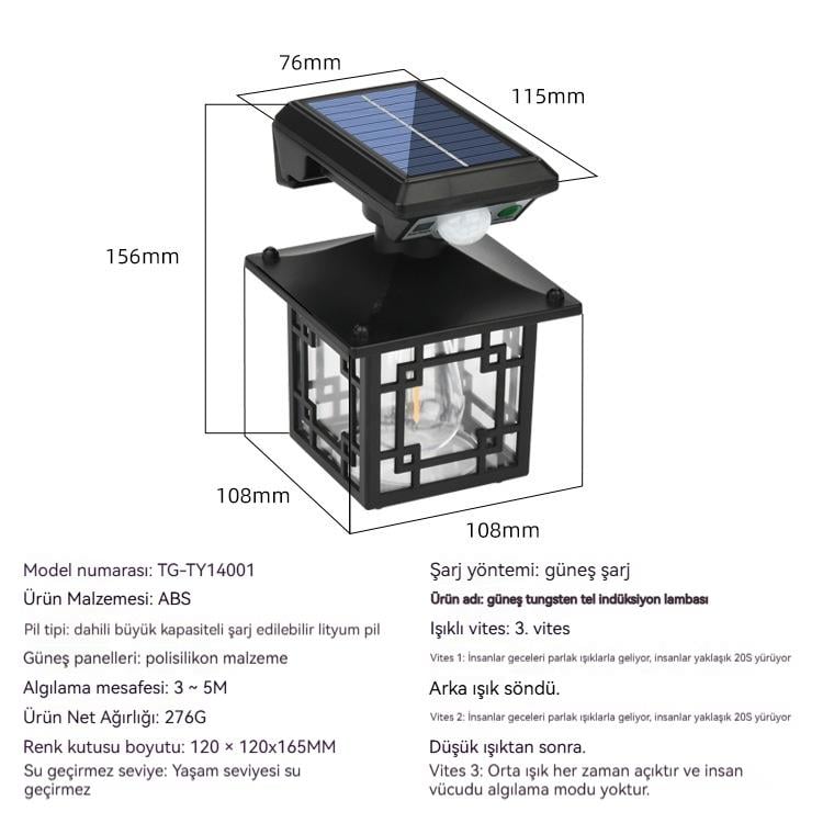 Dış Mekan İçin Hareket Sensörlü Güneş Enerjili Aplik Siyah