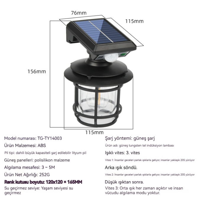 Dış Mekan İçin Hareket Sensörlü Güneş Enerjili Aplik Siyah