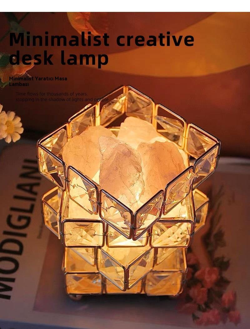 Dokunmatik LED Kristal Küp Masa Lambası, Doğal Kristal Tuz Taşı Başucu Lambası Dekorasyonu