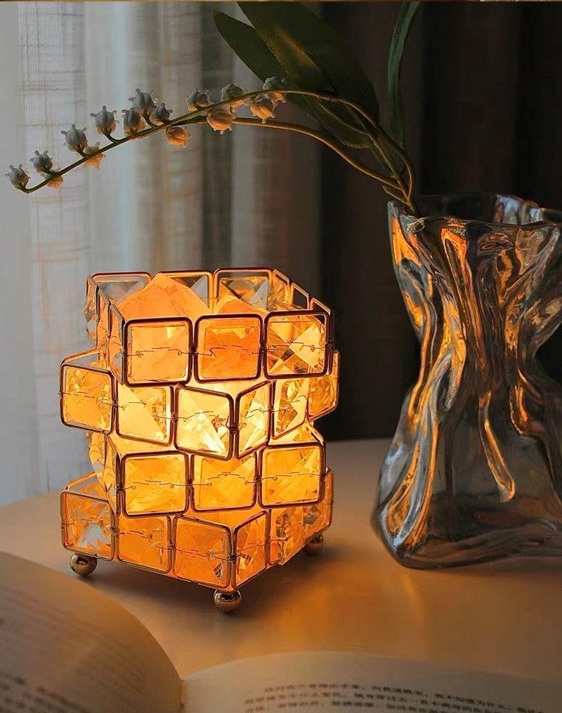 Dokunmatik LED Kristal Küp Masa Lambası, Doğal Kristal Tuz Taşı Başucu Lambası Dekorasyonu