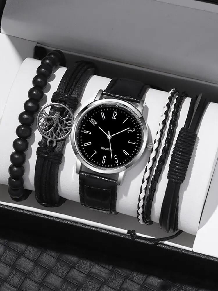 Erkekler İçin Moda Bileklikler ve Saat İçeren 5 Parçalık Hediyelik Set